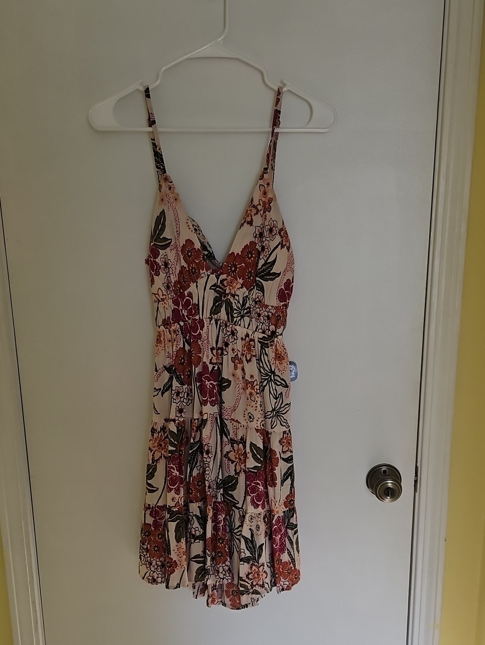 Angie Floral V-Neck Mini Dress in Cream, Rust, Green